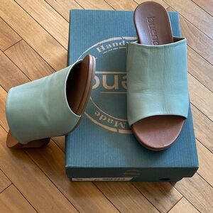 Bueno Mint Green Leather Slide Mules with Brown Footbed